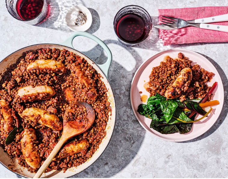 Sausages with lentils and chorizo