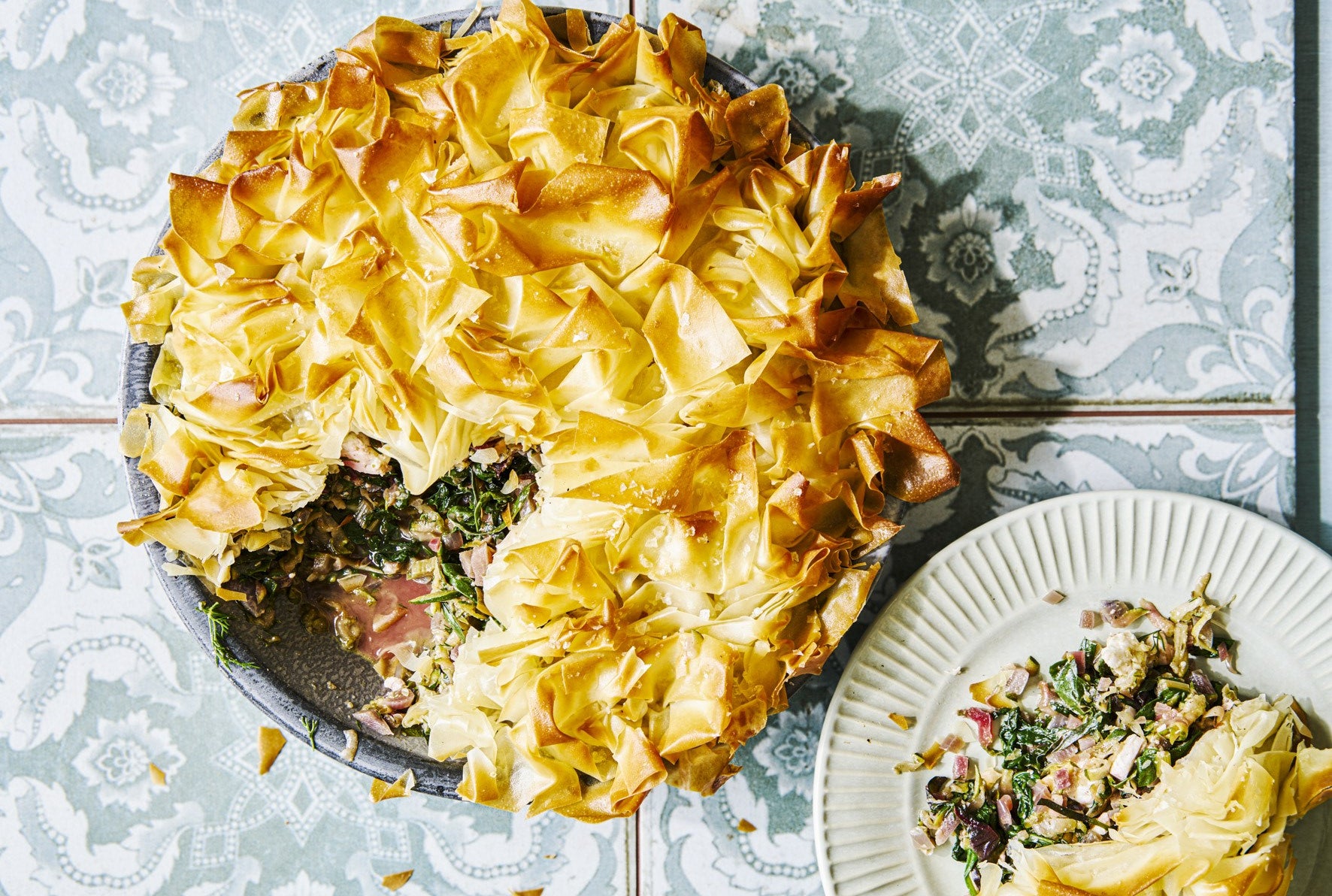 Seasonal greens & feta filo pie