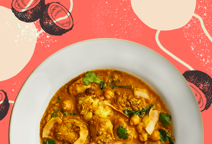 Coconut chicken curry with roasted cauliflower and chickpeas