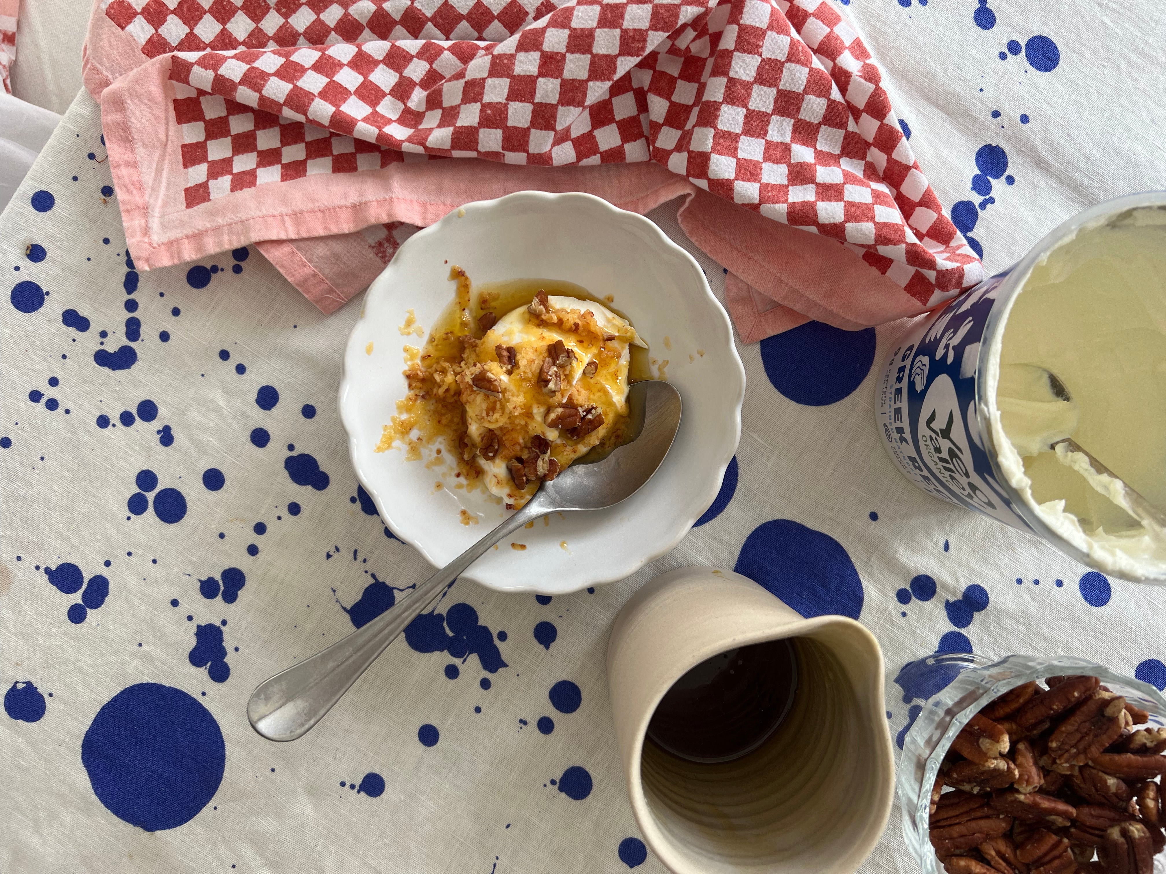 Claire & Milly's Frozen peach with maple caramel and Greek Yogurt