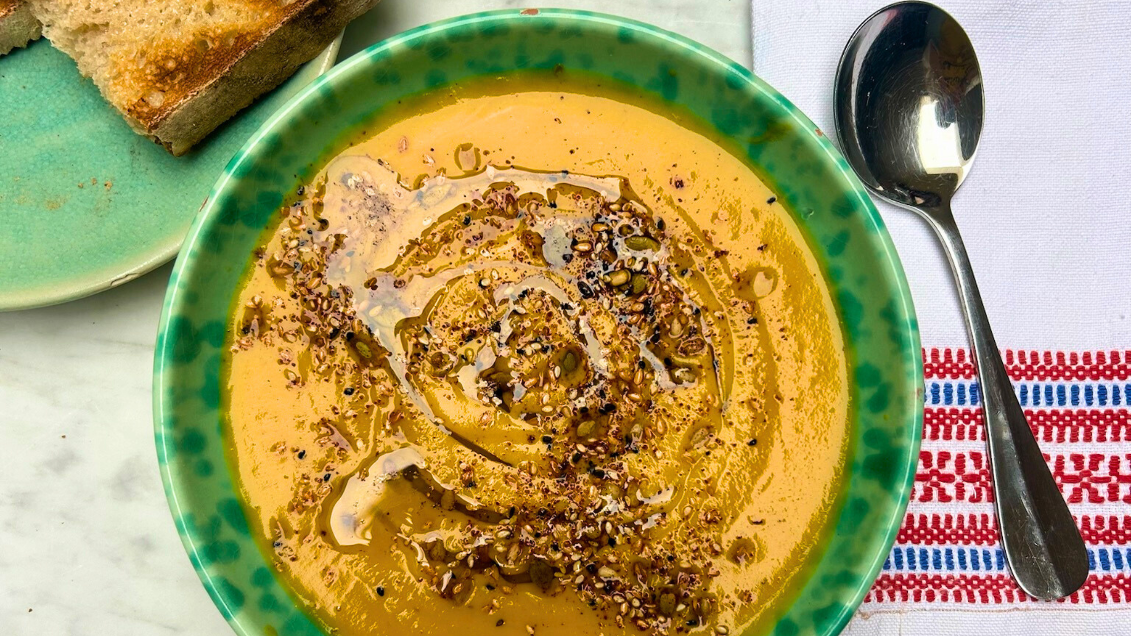 Roasted Butternut Squash Soup with Spiced Seeds